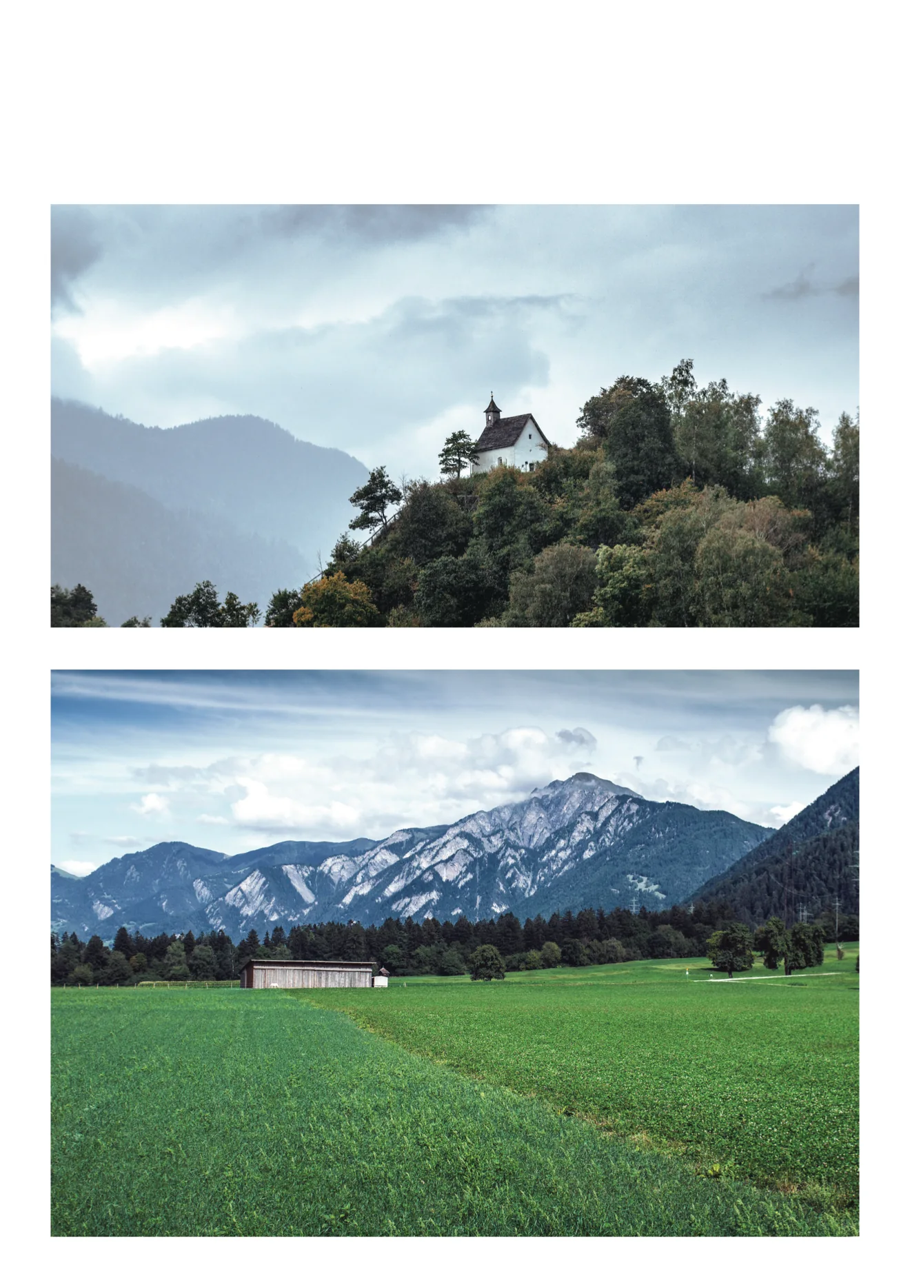 A church on a wooded hill below mountains, and green fields below snowy peaks