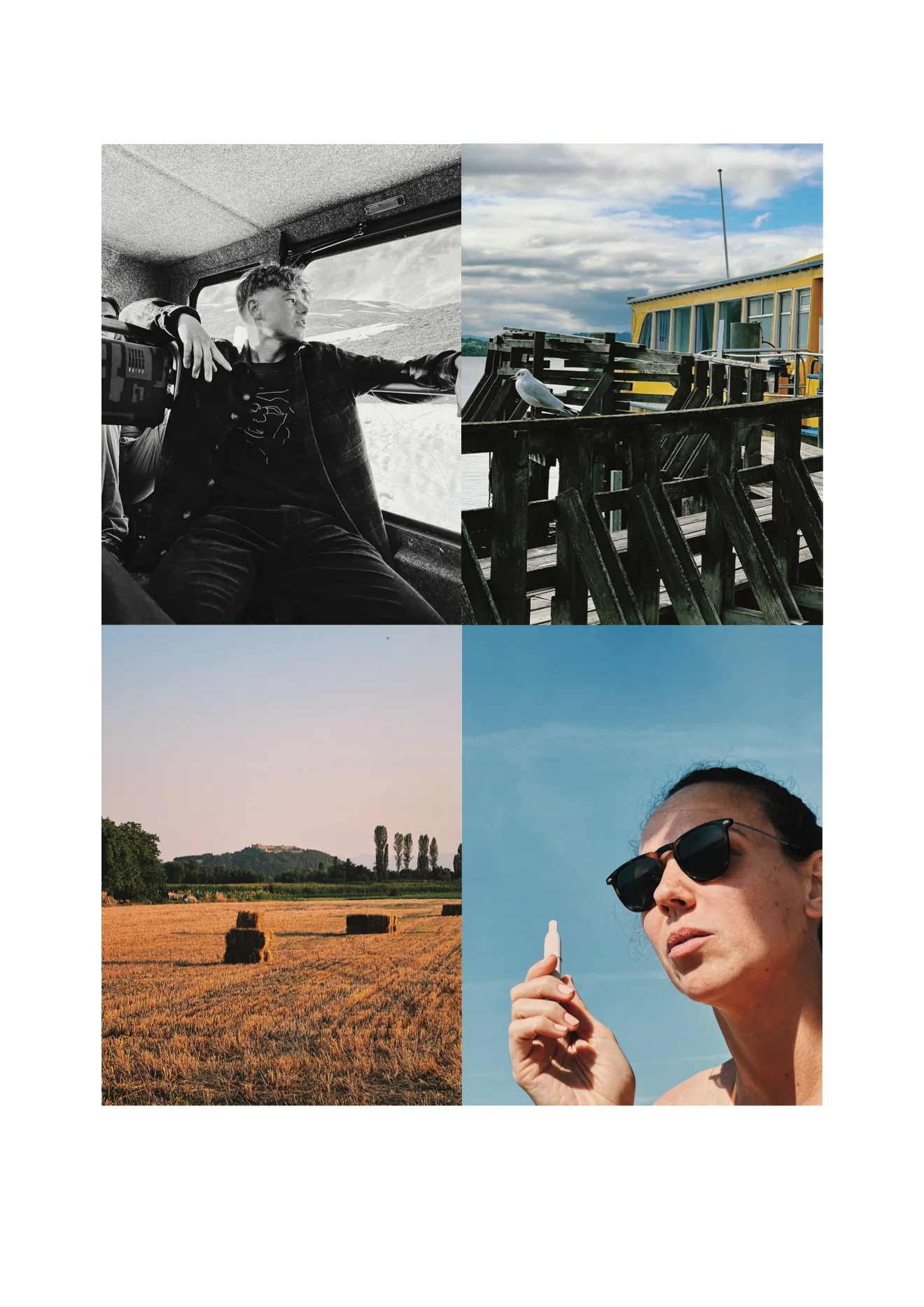 iPhone photography: a man in a train, a wooden structure, a field with hay bales and a woman in sunglasses
